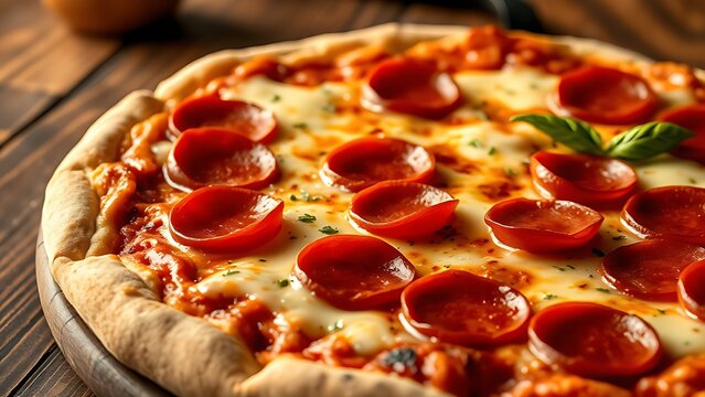 Close-up view of a pepperoni pizza with melted cheese on a rustic wooden table, evoking warmth.