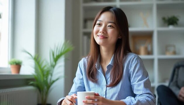 A young adult woman holds a white mug while smiling pleasantly indoors. She looks relaxed and happy, enjoying a warm drink in a bright setting.