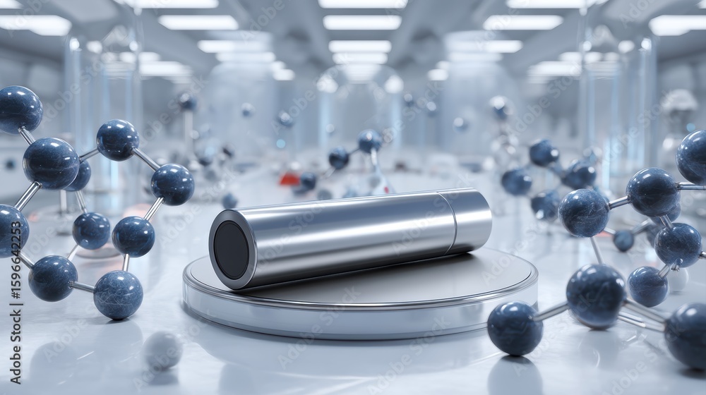 Poster a futuristic metallic cylindrical object is displayed on a reflective platform surrounded by molecul