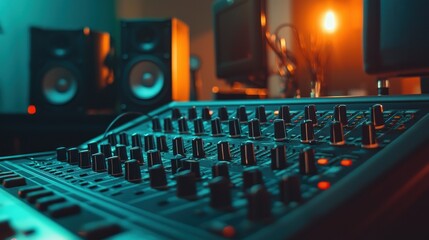 Audio mixing console in recording studio
