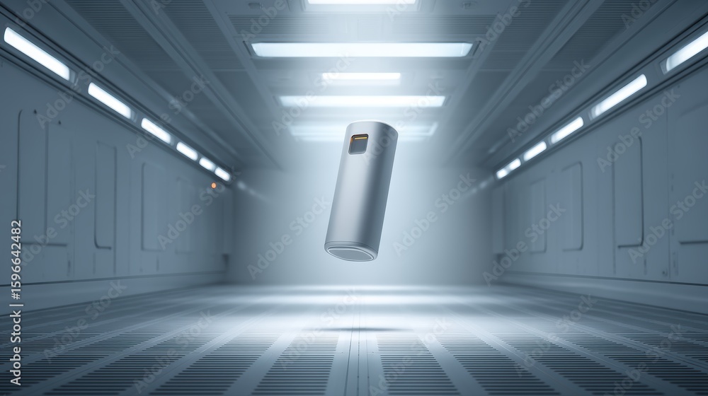 Poster a futuristic robot floats in a sterile, illuminated, sci-fi style corridor with metallic walls and c
