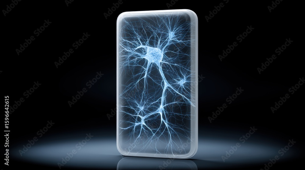 Poster transparent smartphone displaying glowing neural networks inside, symbolizing brain-computer interfa