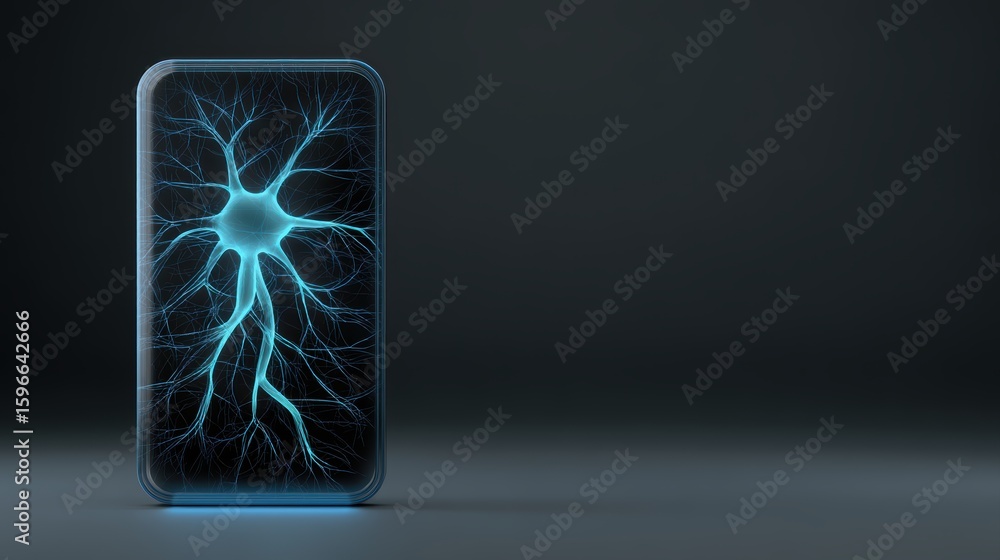 Aufkleber a glowing blue neuron is displayed inside a smartphone screen against a dark background, symbolizing