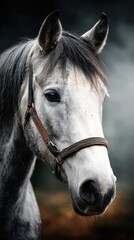 Obraz premium Majestic gray horse with expressive eyes stands against a blurred background during early morning light