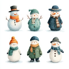 Snowmen of various designs celebrate winter in a snowy landscape with hats and scarves