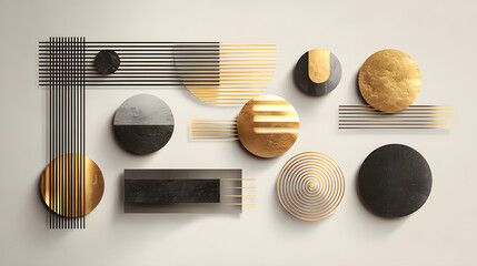 AI-Generated Abstract Composition of Geometric Shapes and Metallic Patterns – Modern Graphic Design