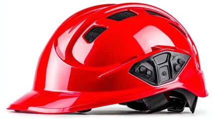 Red hard hat with black visor, essential safety gear for construction and industrial work