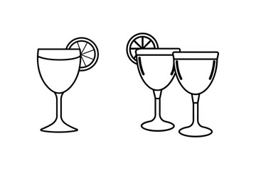 Set of glass goblet with a drink and lemon line art vector illustration
