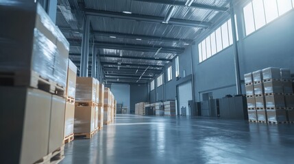 Warehouse interior with stacked cardboard boxes