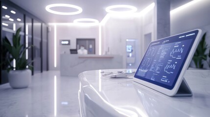 Modern medical office waiting area with digital tablet displaying data