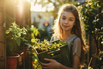 Girl planting flowers in the garden