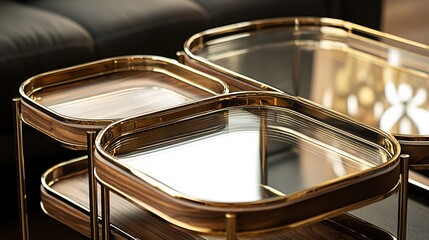 Luxurious Two-Tiered Coffee Table: Gold Accents & Walnut Wood, Glass Top Detail