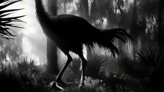 Monochrome Terror Bird Silhouette Amidst Misty Primeval Flora Landscape