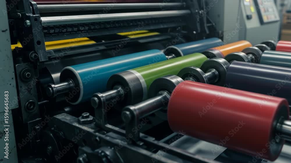 Aufkleber colorful printing press cylinders in action - close-up view of a printing press with vibrant colored