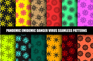 Colorful seamless virus pattern collection. Pandemic danger bright cartoon backgrounds with abstract medical bacteria symbols. Vector set for fabric, design, print, wallpaper, cover, covid concept