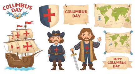 Fototapeta premium Photo of columbus day cartoon illustration with ships, maps, and characters isolated on transparent background