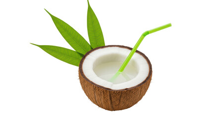 Isolated Coconut with Straw and Leaves