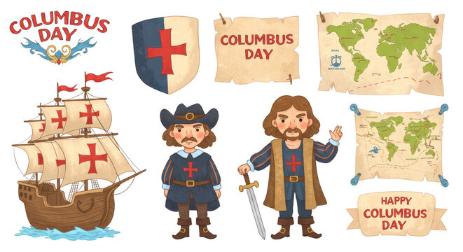 Photo of columbus day cartoon illustration with ships, maps, and characters isolated on transparent background
