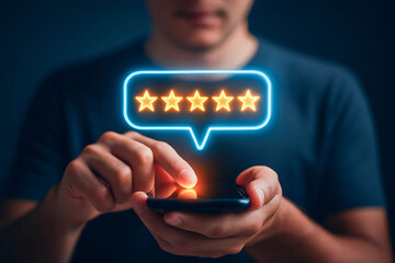 Man Using Smartphone Giving Five Star Rating, Online Review, Feedback