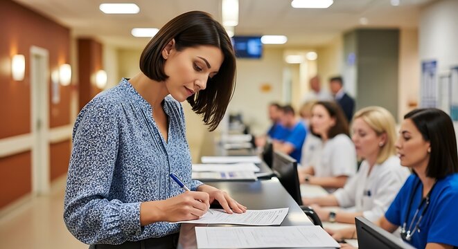 Healthcare Patient Check-In Woman Filling Out Medical Form at Hospital Reception Desk