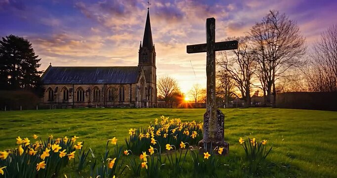 Church daffodils sunset landscape
