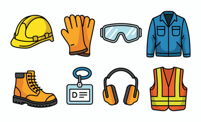 Safety equipment flat icon set, protective gear and workwear symbols for industrial and workplace safety use

