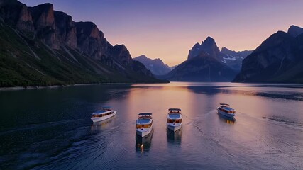 Six pleasure craft glide mirror still alpine lake sunset painting craggy peak fiery pastels cinematic K panorama embodies wanderlust vacation commercials inspirational slideshows nature