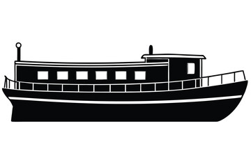 A single color silhouette of a cabin ship on the water appears in the image