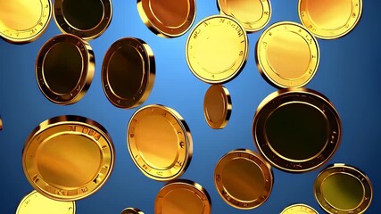 A continuous ultra high definition K loop shows torrents luminous gold coins tumbling gracefully against clean cobalt backdrop providing energetic yet elegant motion graphic canvas banking