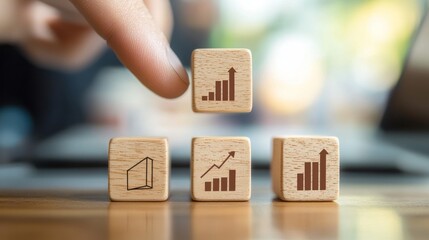 Hand placing wooden blocks with graph icons to symbolize business growth