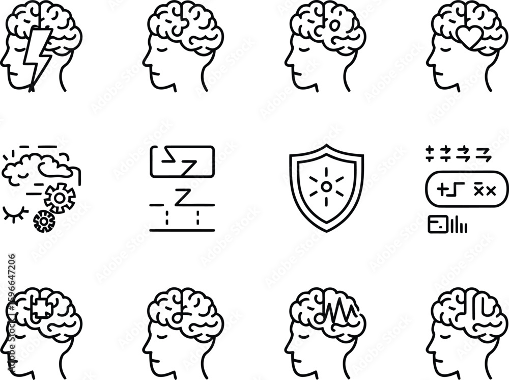 Poster collection of stylized brain and technology icons in a grid format