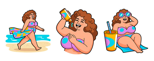 Playful cartoon of a curvy woman enjoying beach time in swimsuit, sunbathing, hydrating and relaxing.

