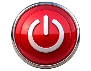  Red Power Button with Chrome Trim, Tilted 3D Perspective, Floating Style, Transparent PNG