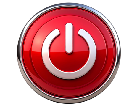  Red Power Button with Chrome Trim, Tilted 3D Perspective, Floating Style, Transparent PNG