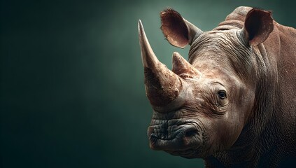 Close-up portrait of a rhinoceros with detailed skin texture and prominent horns, set against a dark, blurred background. The image highlights strength, wildlife, and endangered species awareness.
