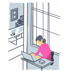 An office woman is focused on
her laptop while seated near a tall
glass window. The scene highlights
concentration, remote work,
and professional focus in a calm
corporate setting.