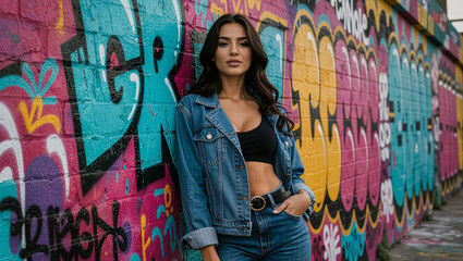 Fashion portrait featuring stylish model and colorful urban art background - urban fashion