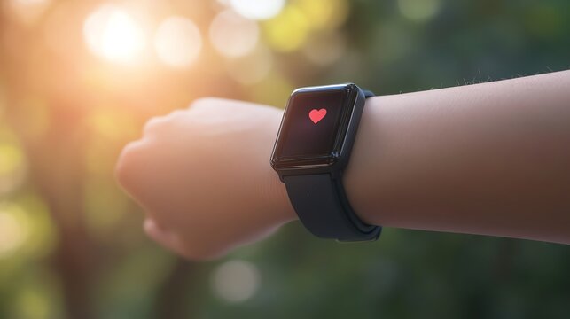 Fitness tracker displaying heart rate outdoors.