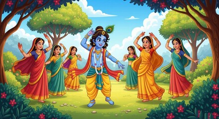 Cartoon Krishna Dancing with Gopis – Cute HD Janmashtami Illustration for Kids