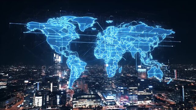 Global Connectivity A Digital World Map Overlaying a Cityscape at Night, symbolizing interconnectedness and global network - Powered by Adobe
