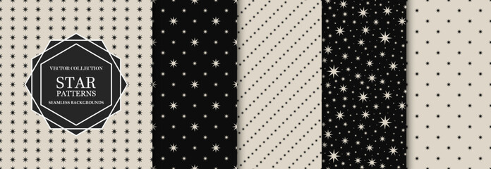 Collection of vector seamless minimalistic star patterns. Modern stylish unusual prints. Monochrome repeatable simple black and beige backgrounds