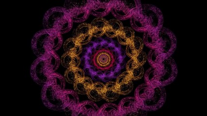 Abstract Golden and Purple Particle Mandala - A mesmerizing abstract animation features a mandala-like design composed of swirling golden and purple particles on a black background. - Powered by Adobe