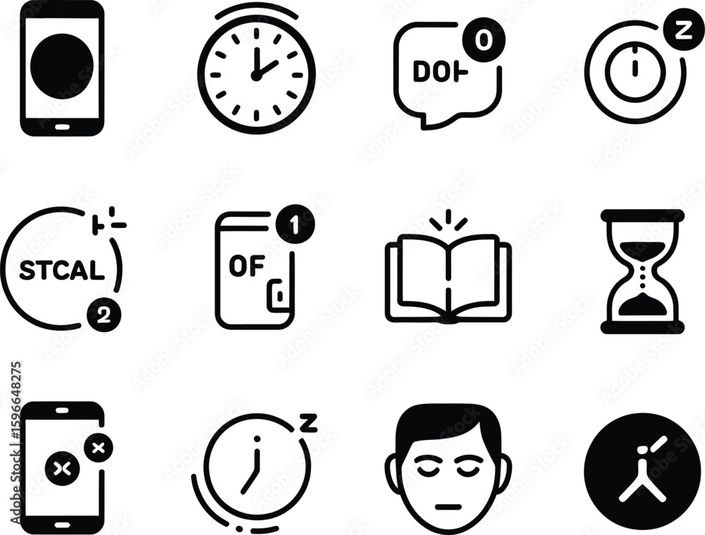 Poster collection of time and notification icons for digital interfaces and apps