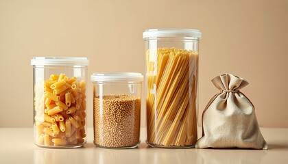 Tidy pantry with transparent containers holding various pasta types  