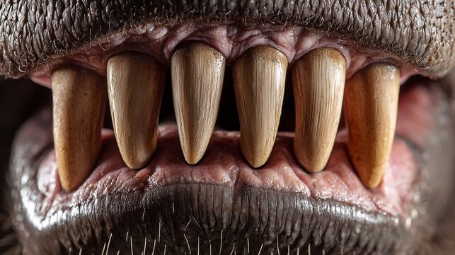 Macro Close-Up of Hippopotamus Teeth: Detailed View of Powerful Jaws