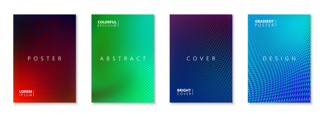 Collection of vector color striped abstract posters, templates, placards, brochures, banners, flyers, backgrounds. Bright halftone gradient covers. Minimalistic cards with digital print