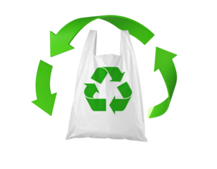  Floating Plastic Bag Encircled by Rotating Green Arrows, 3D Environmental Icon, Isolated