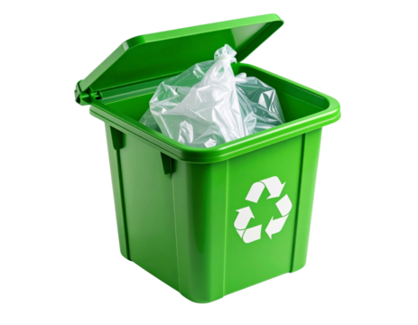  Crumpled Transparent Plastic Bag Inside Green Recycle Bin, 3D Render, White Background