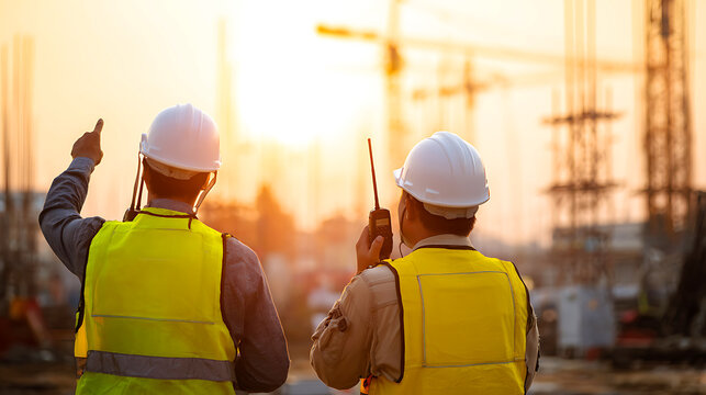 Two construction workers in hard hats and safety vests communicating on a project site at sunset