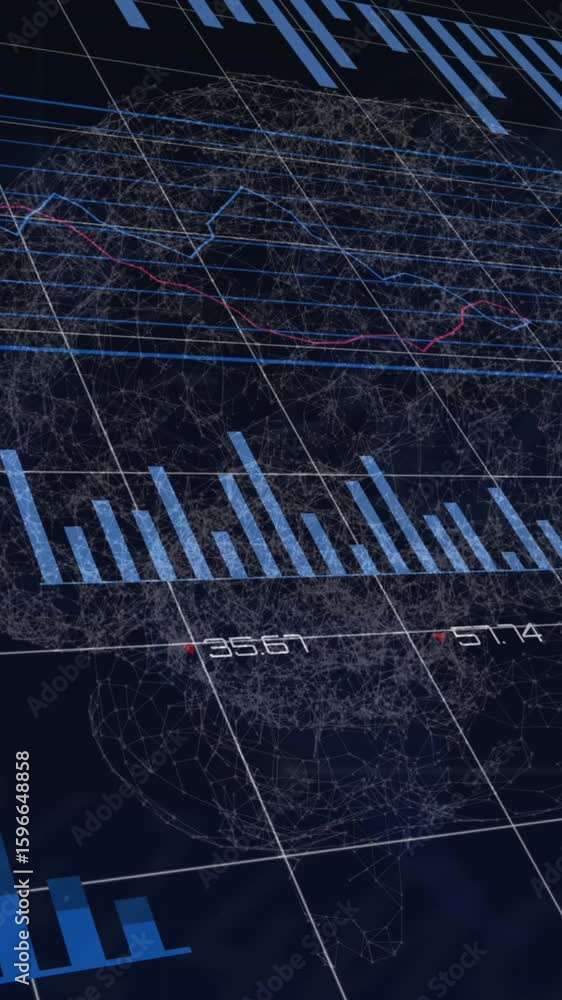 Poster animation of statistical data processing over spinning human brain against blue background